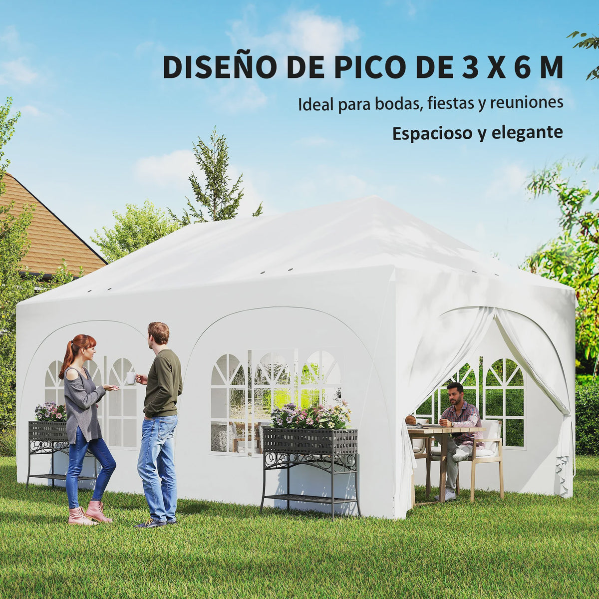 Outsunny Partytent 6x3m Pop-Up met 6 Zijwanden, Verstelbare Hoogte en Ramen