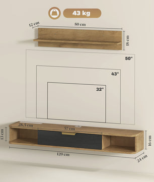 Zwevende TV Meubel met Wandrek in Eikenlook - 120 cm Breed