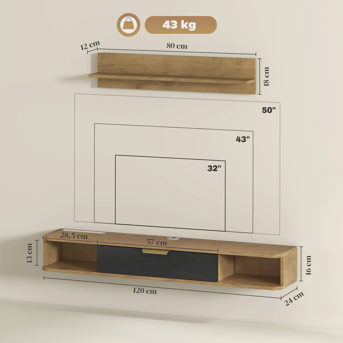 Zwevende TV Meubel met Wandrek in Eikenlook - 120 cm Breed