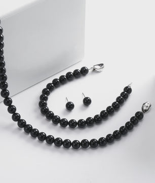 Elegante Zwarte Parel Sieradenset: Ketting, Armband & Oorbellen in Cadeaubox