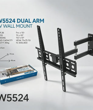 WETECH W5524 TV Muurbeugel - Dubbelarmig, Volledig Verstelbaar voor 26-55 Inch Schermen, 30kg Max, Kantelbaar