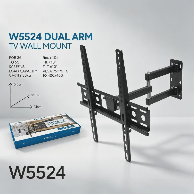WETECH W5524 TV Muurbeugel - Dubbelarmig, Volledig Verstelbaar voor 26-55 Inch Schermen, 30kg Max, Kantelbaar