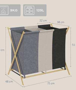 Opvouwbare Wasbox met 3 Vakken - 129L Capaciteit, Bamboe Frame & Uitneembare Zakken
