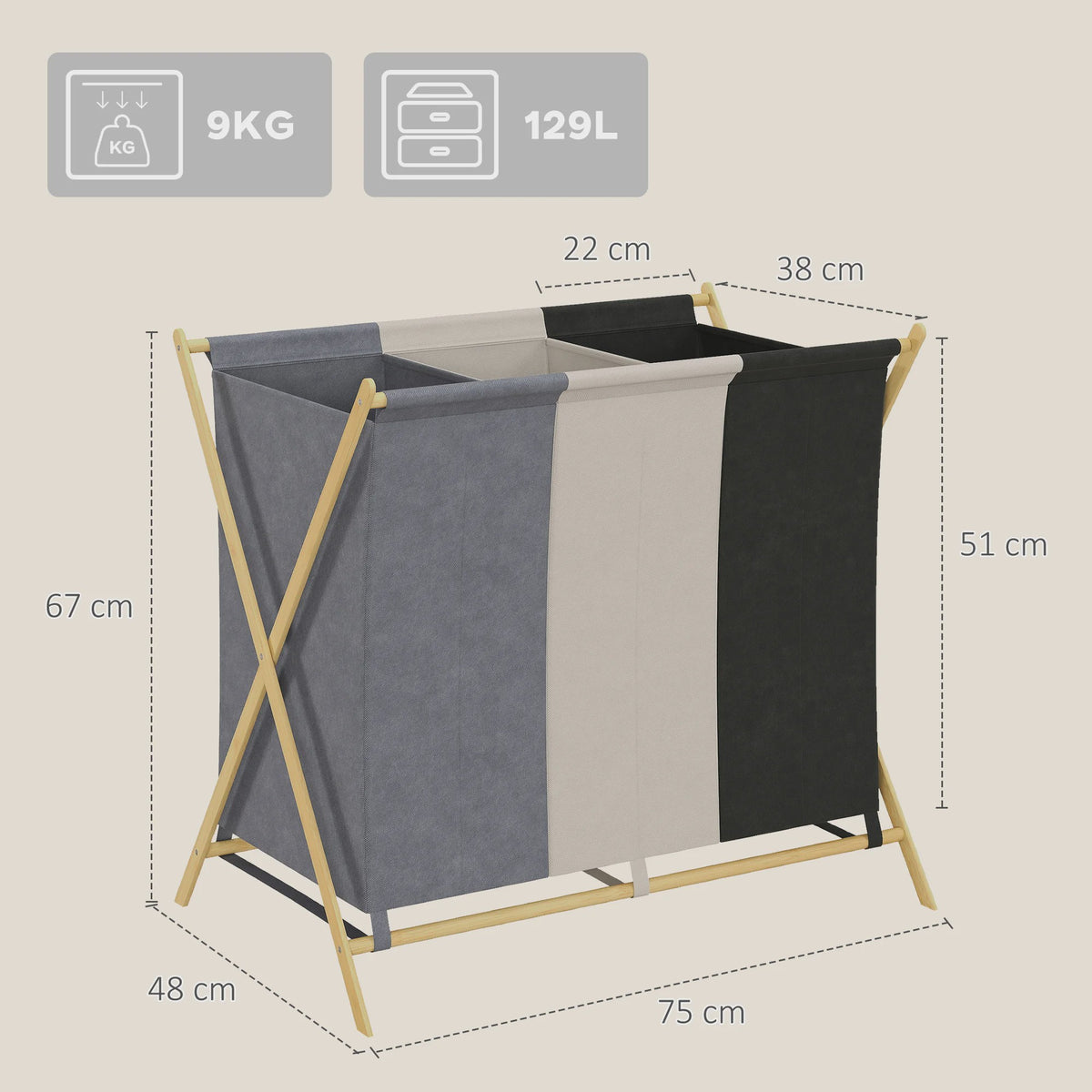 Opvouwbare Wasbox met 3 Vakken - 129L Capaciteit, Bamboe Frame & Uitneembare Zakken