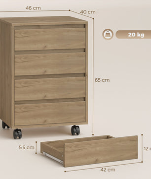 Mobiele Ladekast met 4 Lades - Bureau Ladekast op Wielen - 46x40x65 cm - Bruin