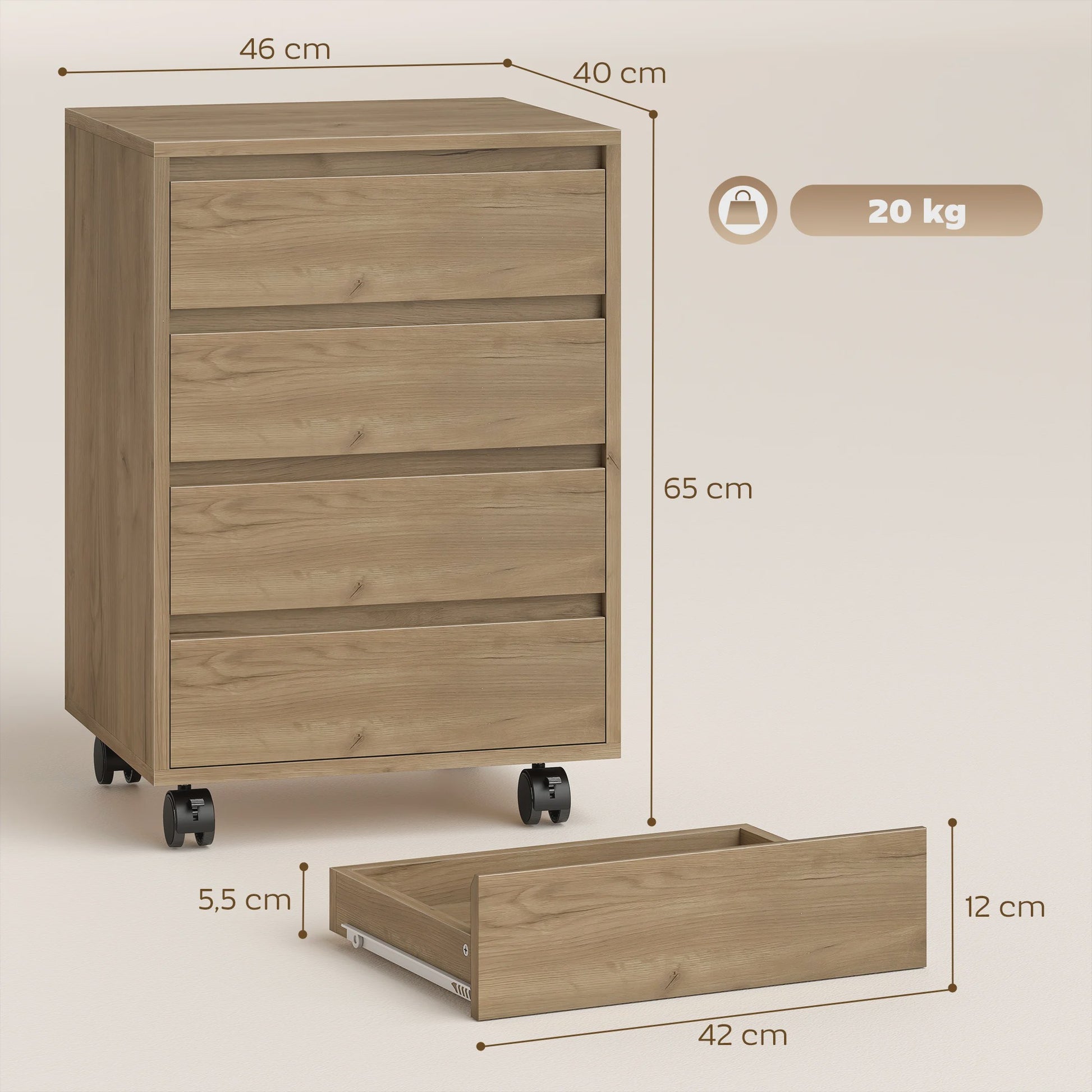 Mobiele Ladekast met 4 Lades - Bureau Ladekast op Wielen - 46x40x65 cm - Bruin