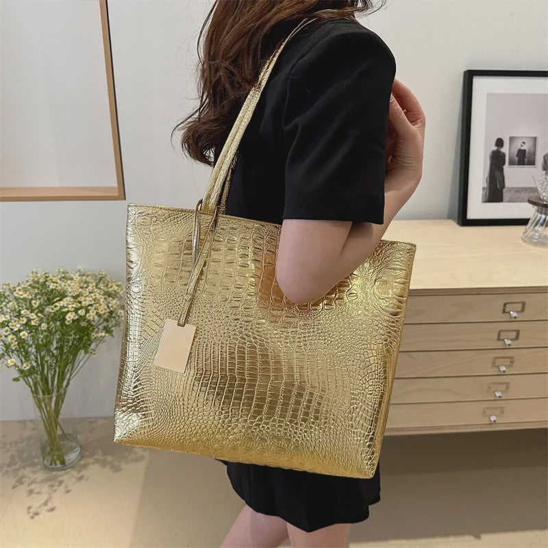 Luxe Dames Handtas Schoudertas Croco Print PU Leer Groot Formaat – Verkrijgbaar in Zilver, Goud, Zwart