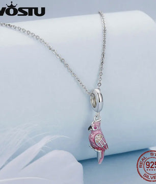 WOSTU 925 Sterling Zilver Papegaai Bedel met Roze Emaille & Kristallen - DIY Sieraden
