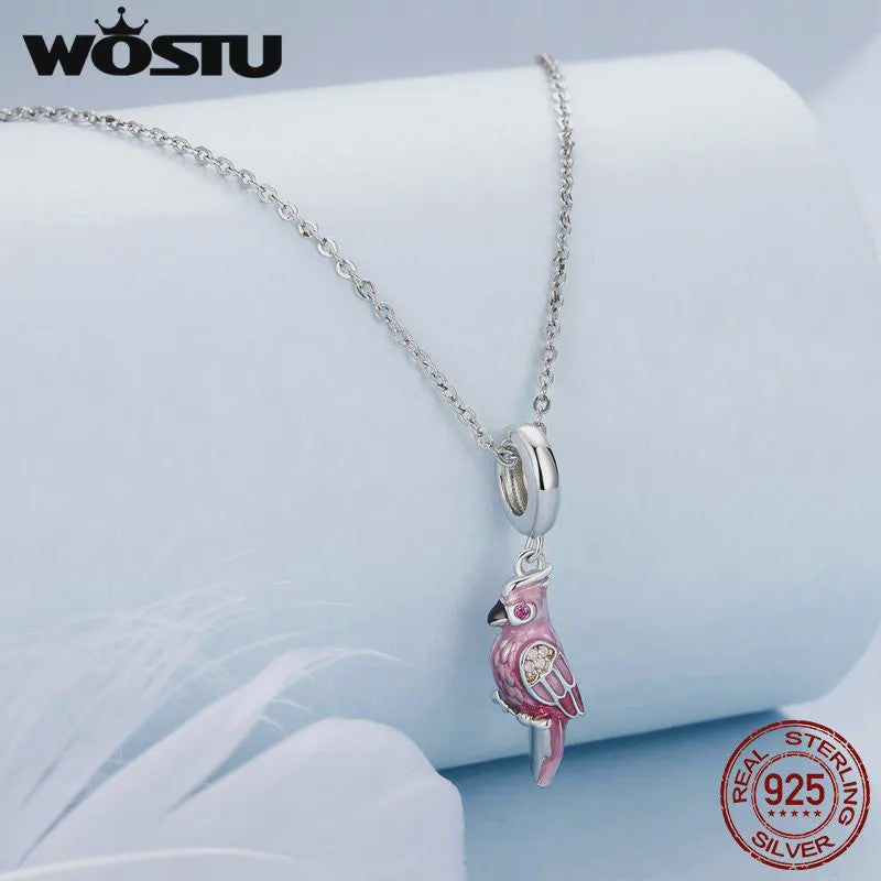 WOSTU 925 Sterling Zilver Papegaai Bedel met Roze Emaille & Kristallen - DIY Sieraden