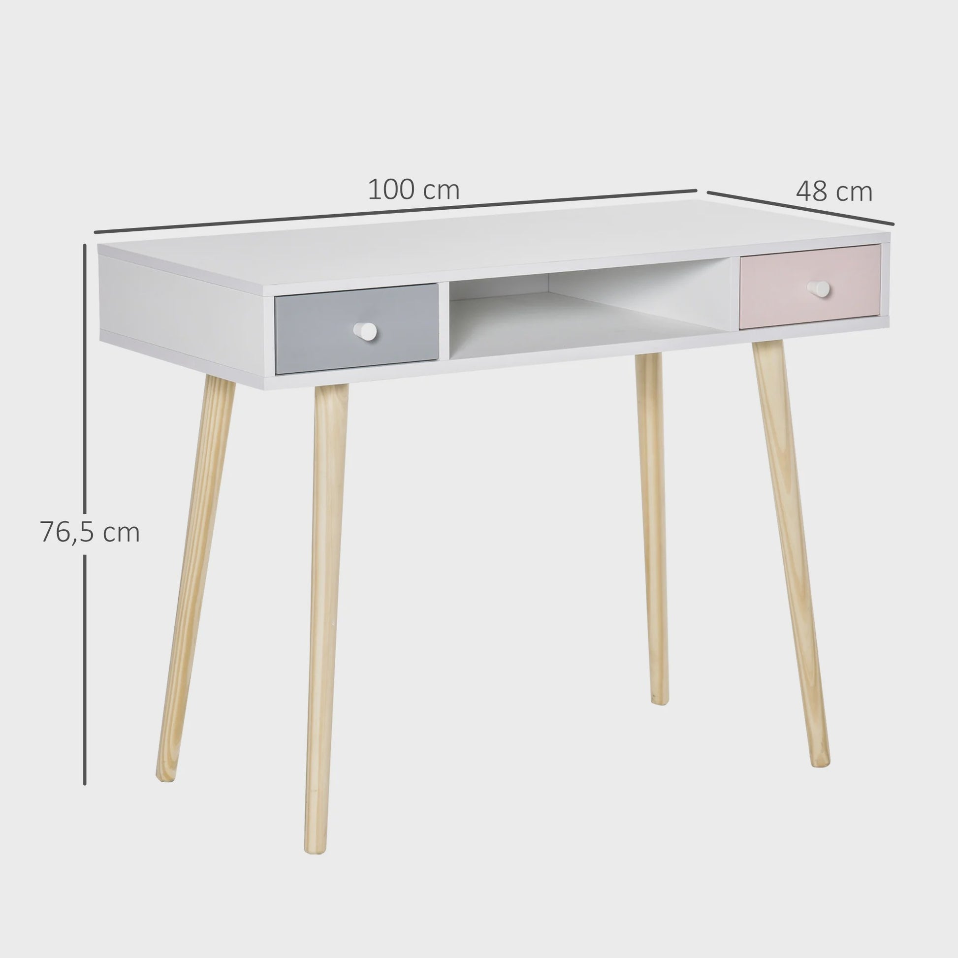 Scandinavisch Kinderbureau met Lade en Opbergvak - Wit/Grijs/Roze - 100x48x76.5 cm