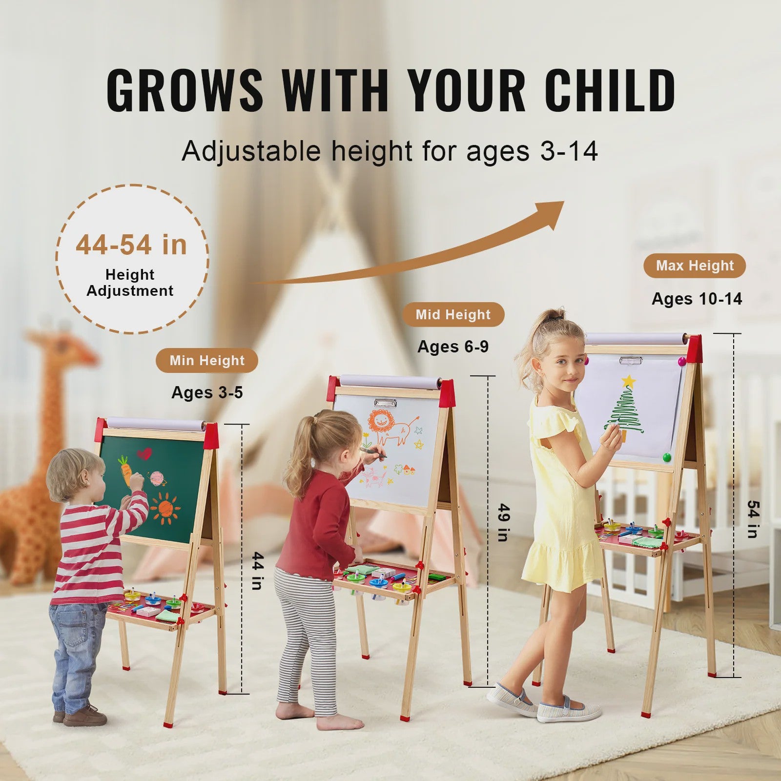 Dubbelzijdig Houten Teken-easel voor Kinderen met Whiteboard & Krijtbord - Inclusief 37 Accessoires