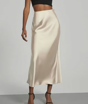 Elegante Satin Midi Rok met Hoge Taille en Draping - Veelzijdig & Chic