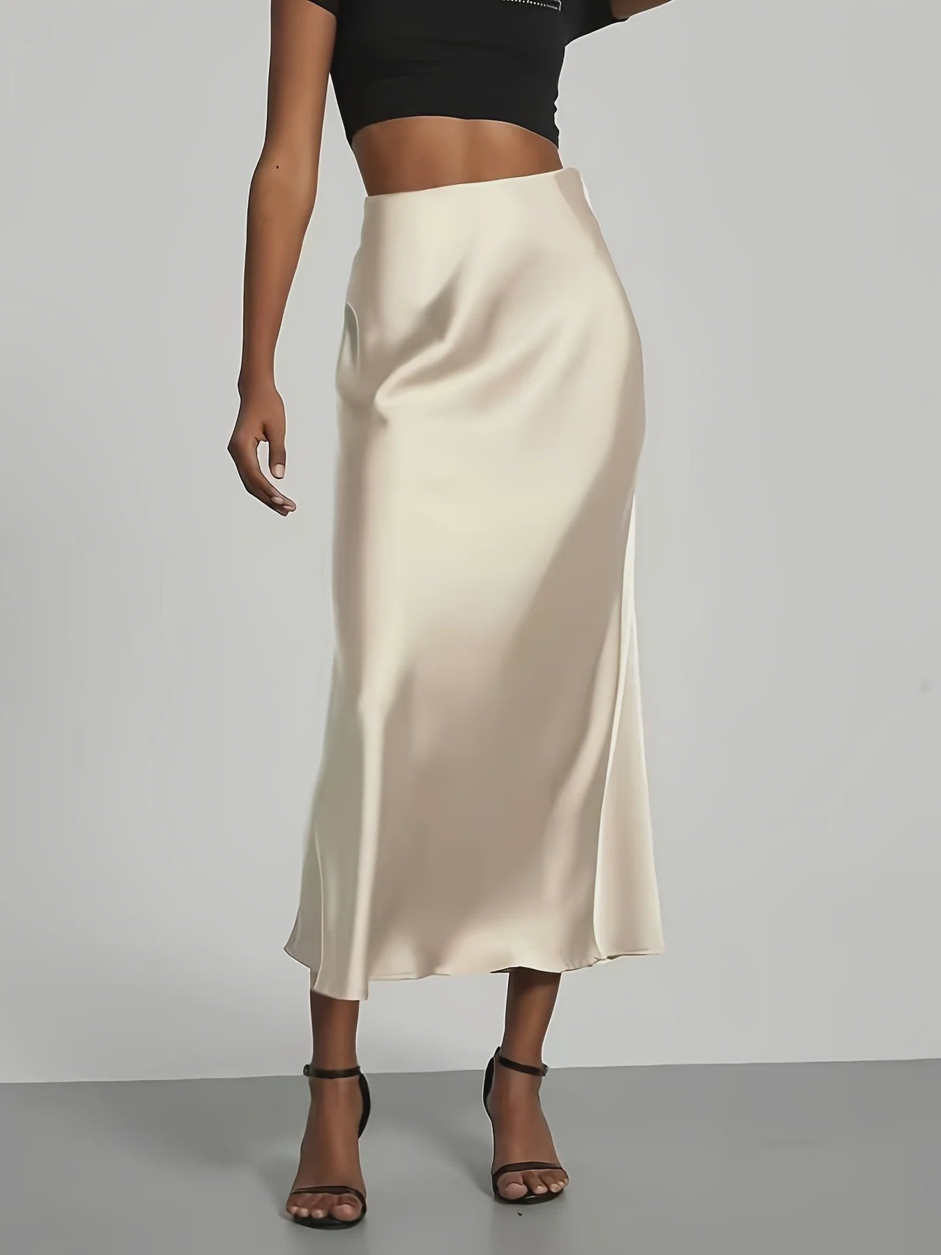 Elegante Satin Midi Rok met Hoge Taille en Draping - Veelzijdig & Chic