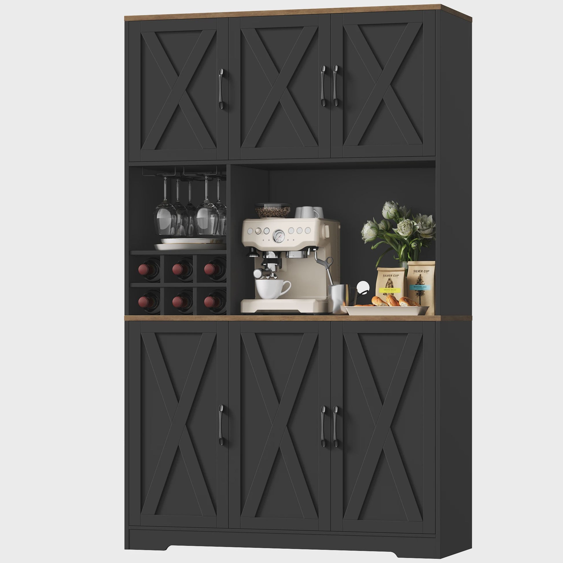 Buffetkast Keuken 106x180cm Wit met 6 Deuren, Flessenhouder & Glazenrek
