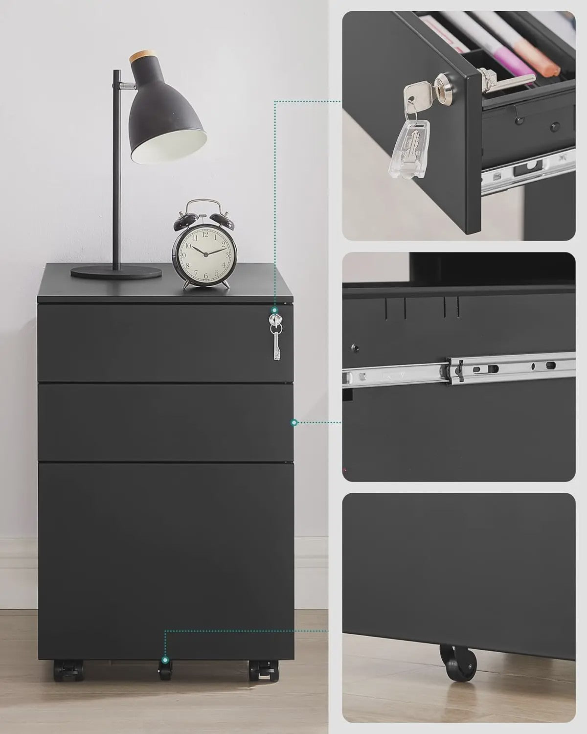 SONGMICS Mobiele Archiefkast met 3 Lades en Slot - Voor Kantoor en Thuis