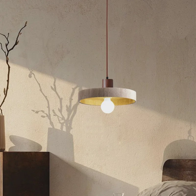 Natuurlijke Travertin Hanglamp met Houten Accent - E27 Fitting