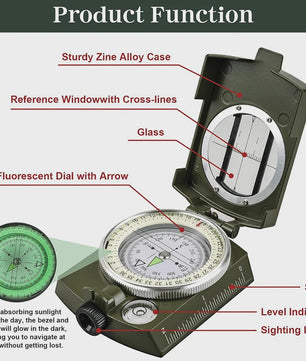 Waterdichte Tactische Kompas met Richtkijker, Karabijn & Pouch - Ideaal voor Militaire Wandelingen