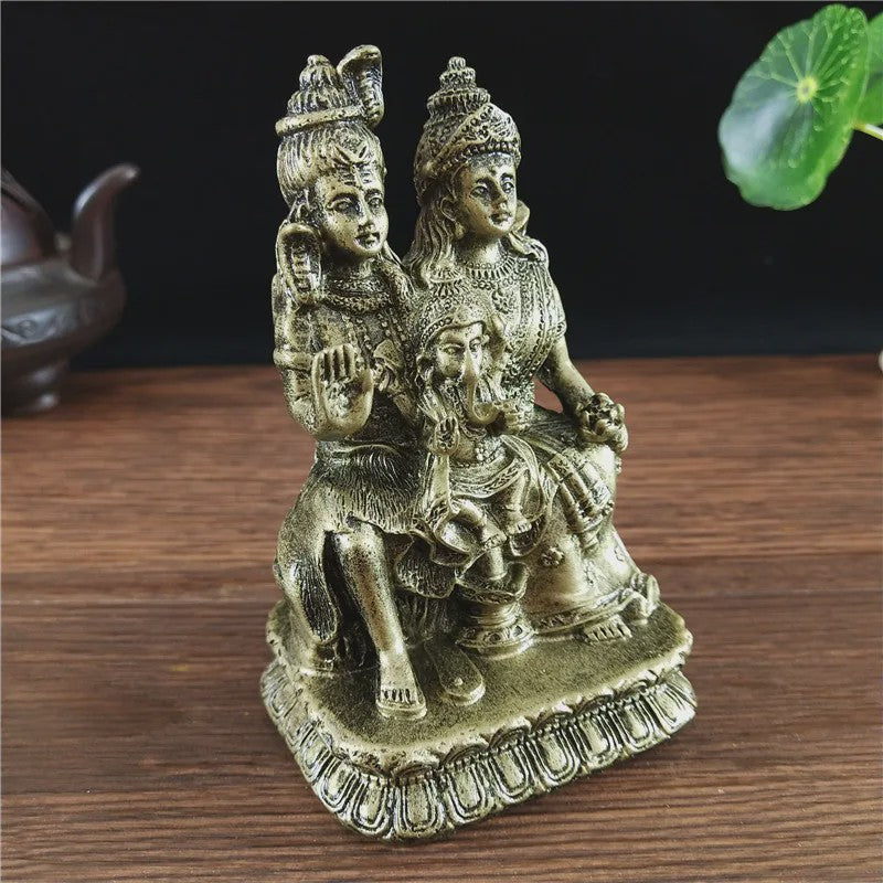 Bronzen Beeld Shiva, Parvati en Ganesha - Hindoeïstische Familie Feng Shui Decoratie