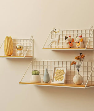Draadmand Wandplank Set - Zonder Boren - Hout & Metaal - Decoratief & Opbergrek