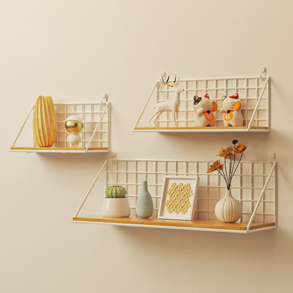 Draadmand Wandplank Set - Zonder Boren - Hout & Metaal - Decoratief & Opbergrek