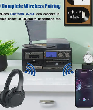 LoopTone Vintage 3-in-1 Platenspeler met Bluetooth, CD, Cassette, Radio & USB Opname