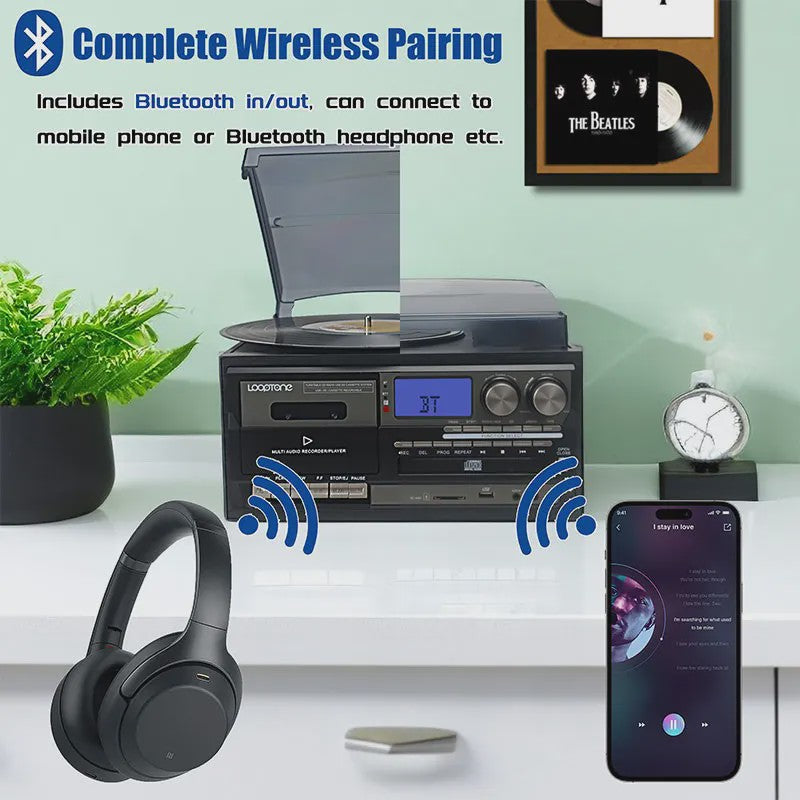 LoopTone Vintage 3-in-1 Platenspeler met Bluetooth, CD, Cassette, Radio & USB Opname
