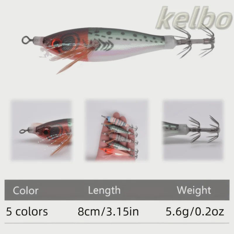 5x Visloodjes Set - Glow-in-the-Dark Kunstaas met 3D Ogen - Realistisch Garnalen, Inktvis, Octopus - Hard Bait Jig Lures met Haken