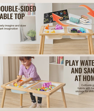 Houten Sensorische Activiteitentafel voor Kinderen met 3 Opbergbakken & Dubbelzijdig Bord