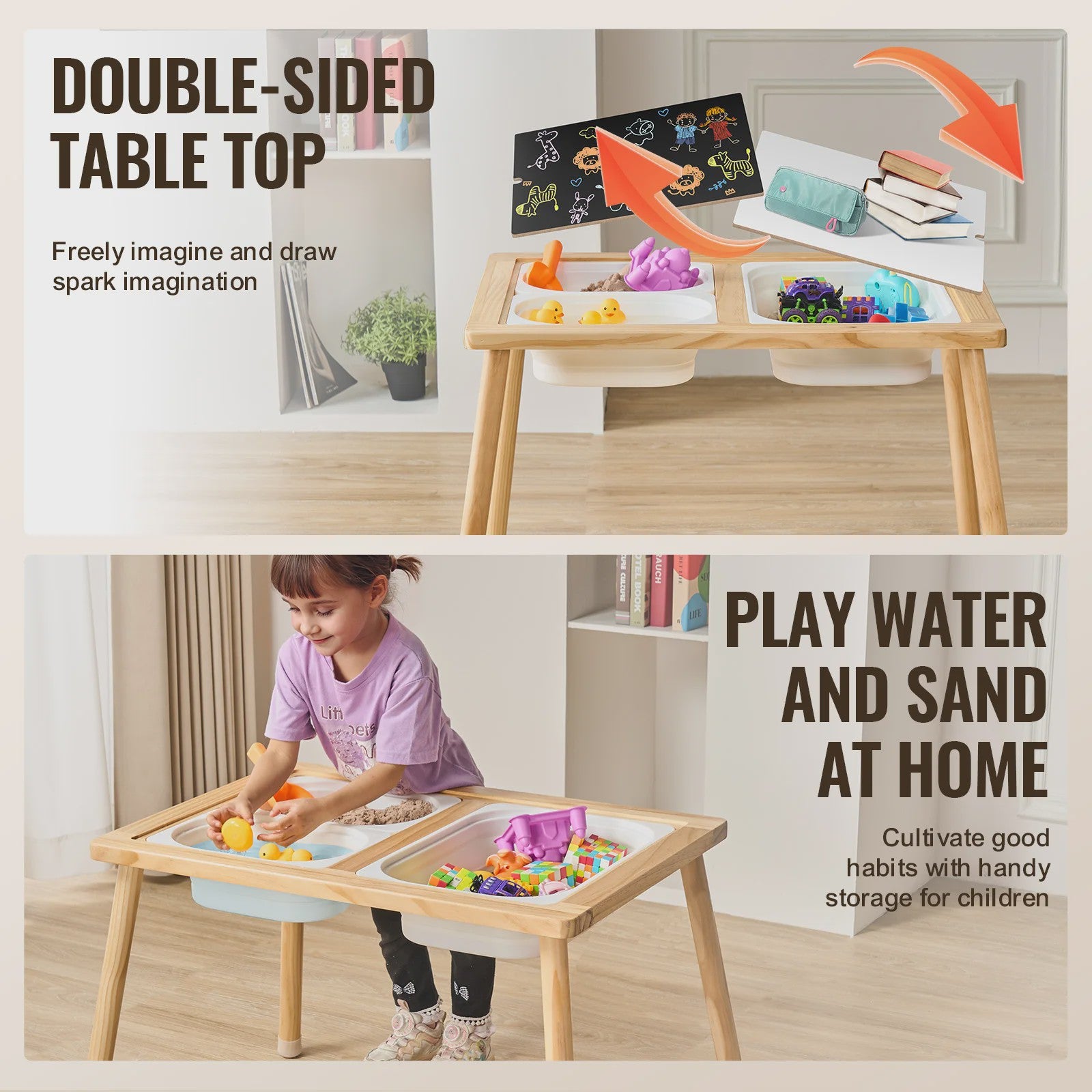 Houten Sensorische Activiteitentafel voor Kinderen met 3 Opbergbakken & Dubbelzijdig Bord