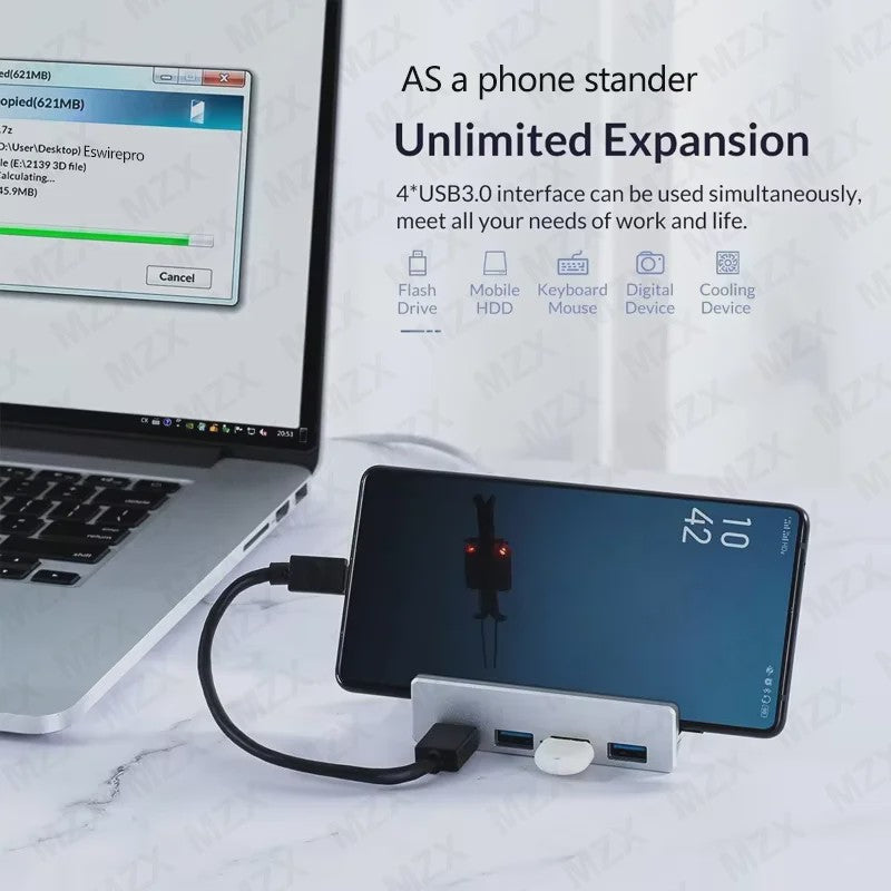 Aluminium USB 3.0/3.2 Hub met Clip: 5Gbps/10Gbps Docking Station voor Monitor & Bureau