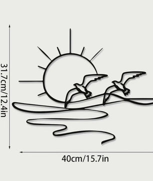 Zonsopgang Meeuwen Wanddecoratie - Metaal Lijnkunst voor Kust & Strandhuis Stijl