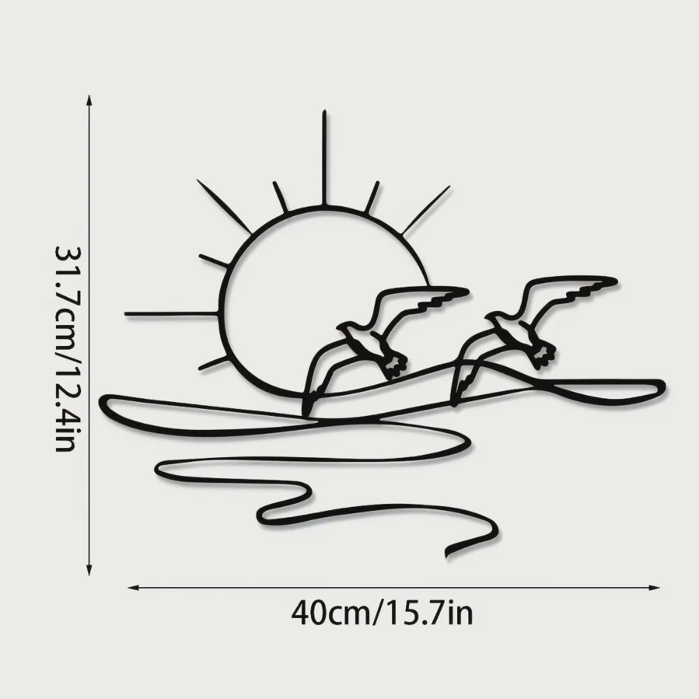 Zonsopgang Meeuwen Wanddecoratie - Metaal Lijnkunst voor Kust & Strandhuis Stijl