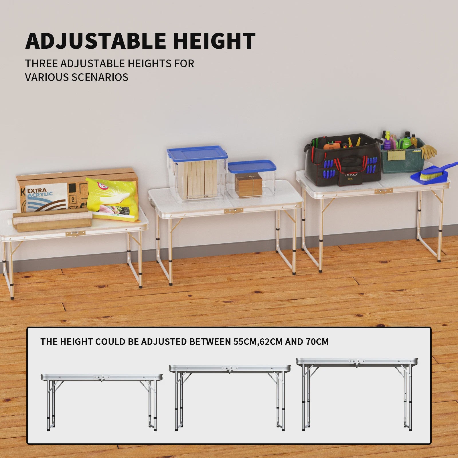 Aluminium Campingtafel 120x60x70cm - Opvouwbaar, Draagbaar & Verstelbaar voor Picknick, Bureau, Diner