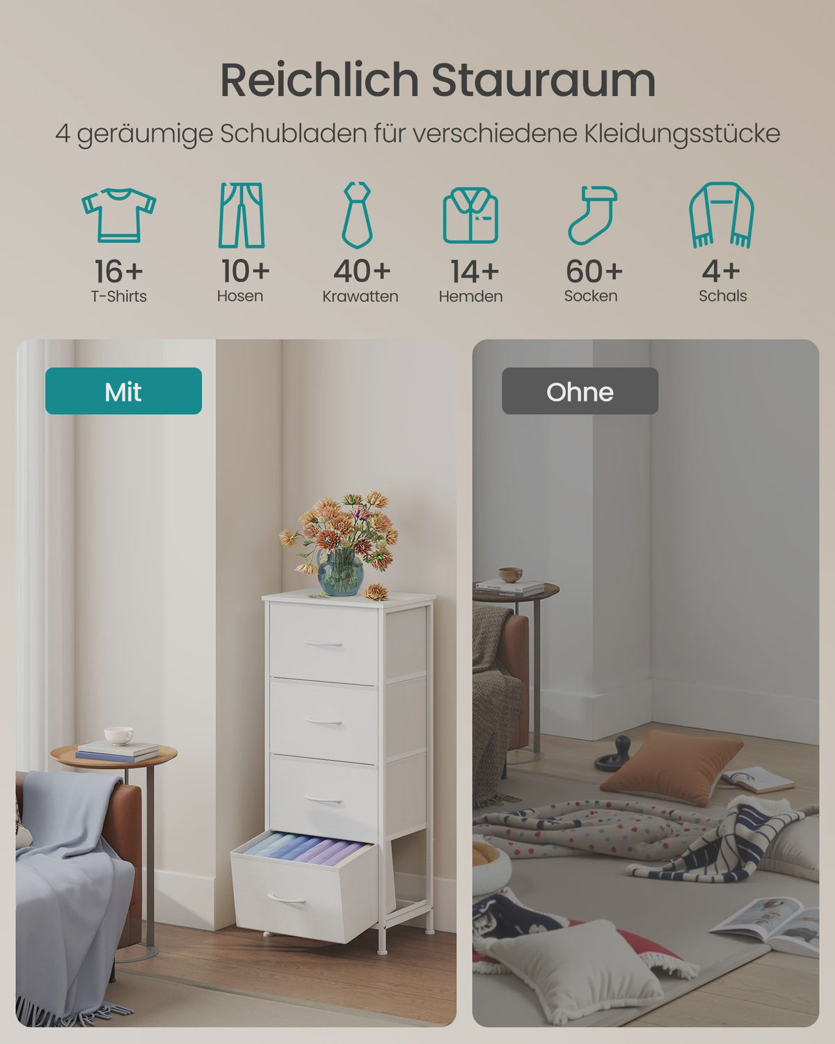 SONGMICS Ladekast met 4 Stoffen Lades - Opbergkast met Stalen Frame en MDF Topblad