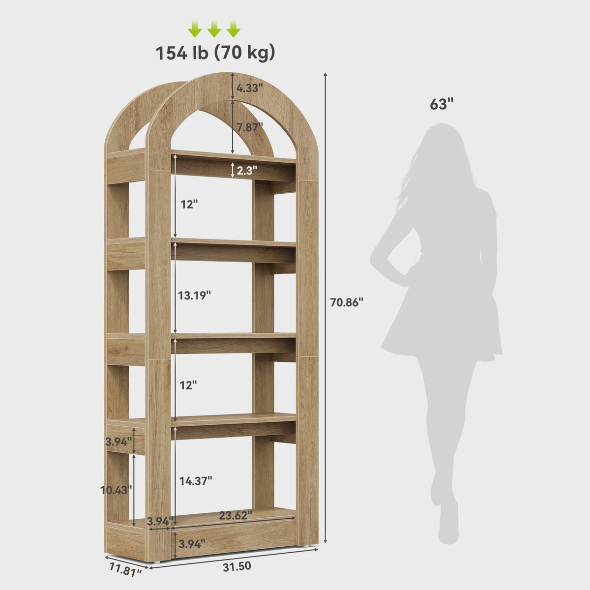 Boogvormige Boekenkast Rustiek Eikenhout - 5 Niveaus - Modern Decoratief Display - 80 cm Breed