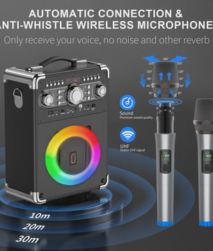 S8-T Karaoke Machine met 3 Draadloze Microfoons - TWS, USB, TF, Gitaar & TV Connectie
