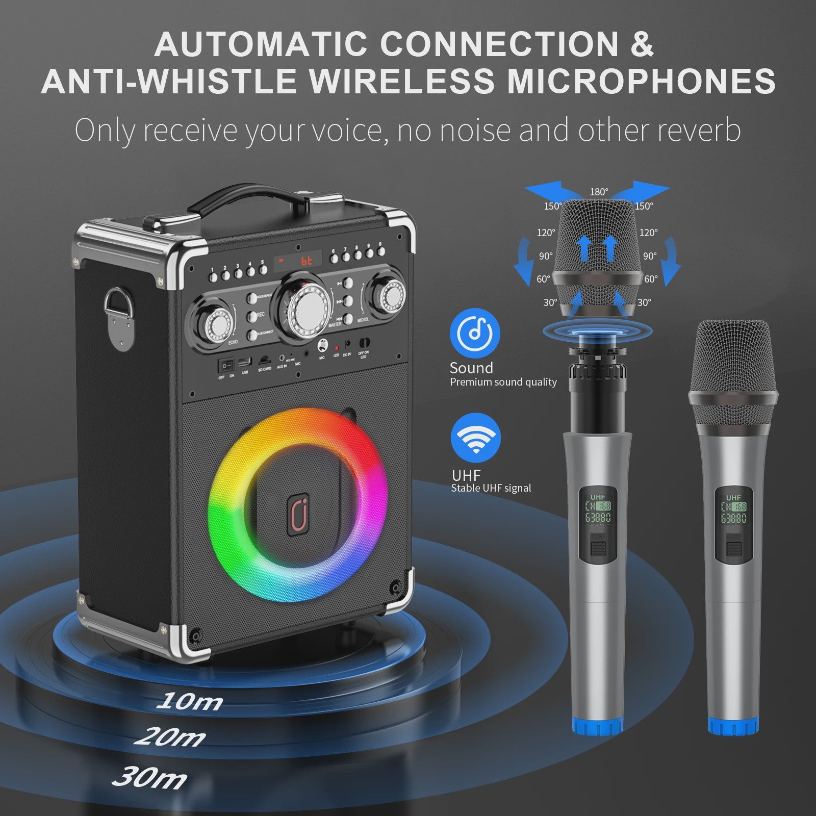 S8-T Karaoke Machine met 3 Draadloze Microfoons - TWS, USB, TF, Gitaar & TV Connectie