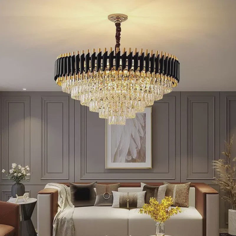 Moderne Zwarte Kristallen Kroonluchter Rond 5-Tier Ø60cm Dimbare Hanglamp