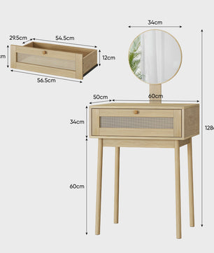 Houten Make-up Tafel met Rotan Ladefront en Ronde Spiegel - Stijlvolle Kaptafel