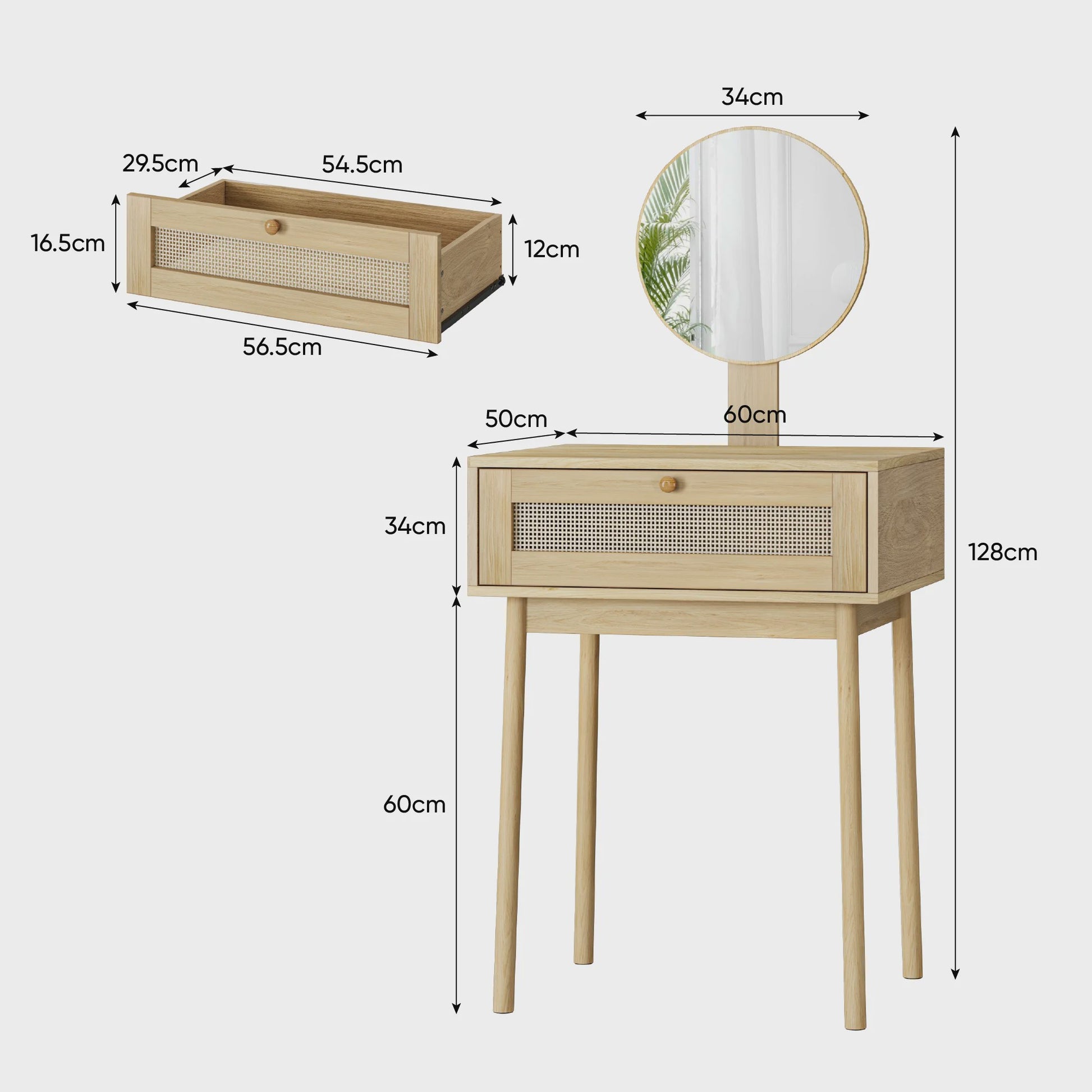 Houten Make-up Tafel met Rotan Ladefront en Ronde Spiegel - Stijlvolle Kaptafel