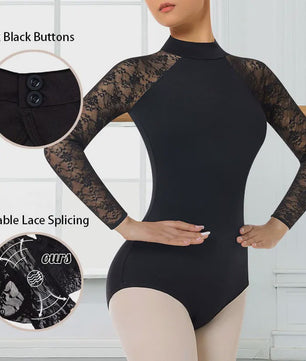 Dames Ballet Dans Leotard met Lange Mouwen, Turtleneck en Kant - Zwart