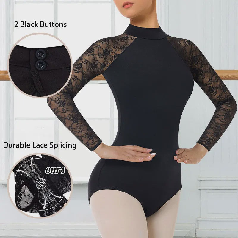 Dames Ballet Dans Leotard met Lange Mouwen, Turtleneck en Kant - Zwart