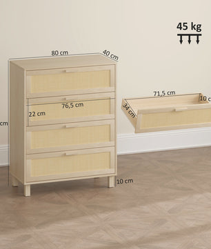 Ladekast 4 Lades met Rotan Fronten - Licht Hout MDF - 80x40x103 cm