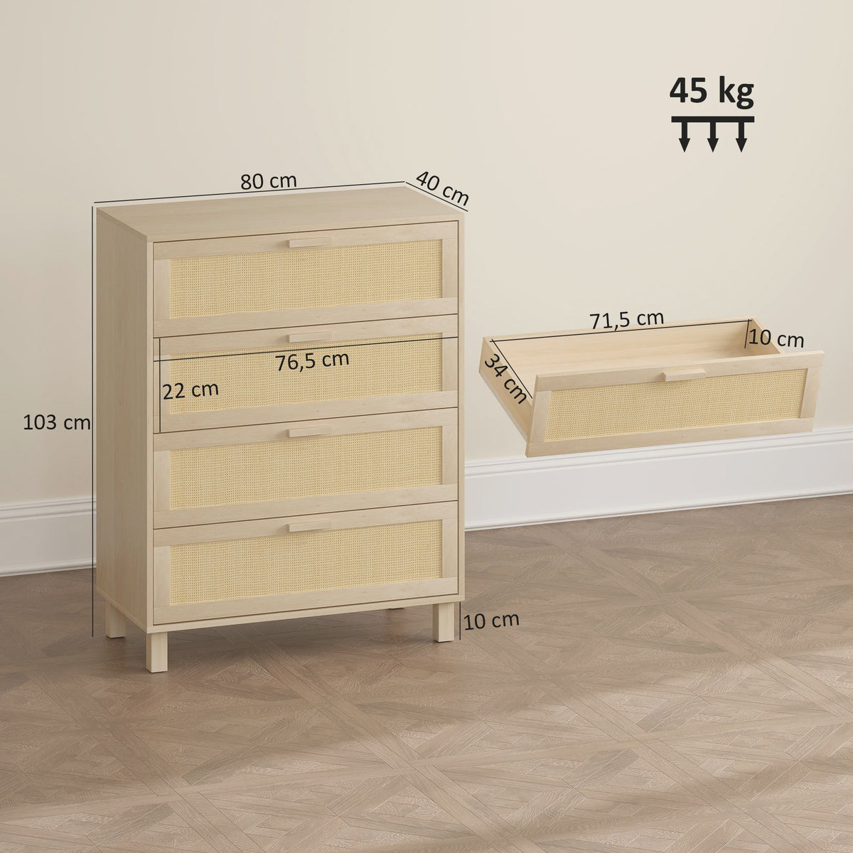 Ladekast 4 Lades met Rotan Fronten - Licht Hout MDF - 80x40x103 cm