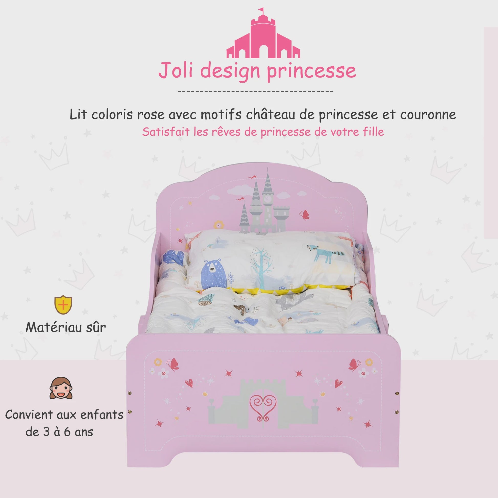 Roze Kinderbed Prinses Kasteel Design 140x70 cm met Lattenbodem - MDF