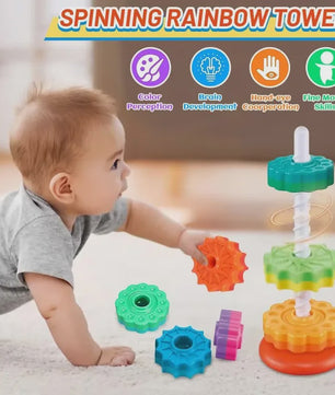 Montessori Regenboog Stapeltoren met Draaiende Tandwielen - Educatief Speelgoed voor Kinderen
