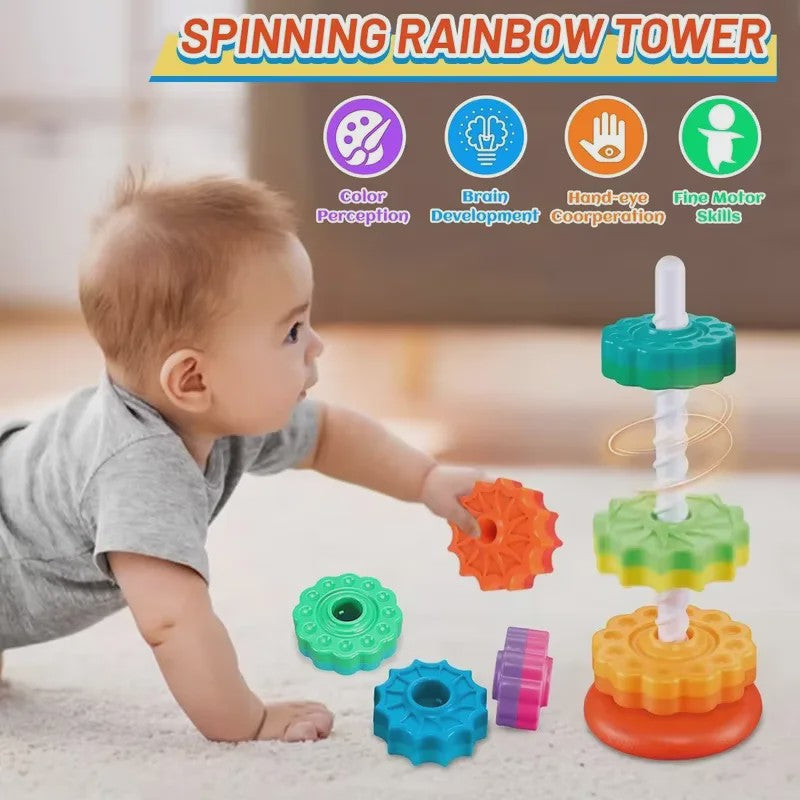 Montessori Regenboog Stapeltoren met Draaiende Tandwielen - Educatief Speelgoed voor Kinderen
