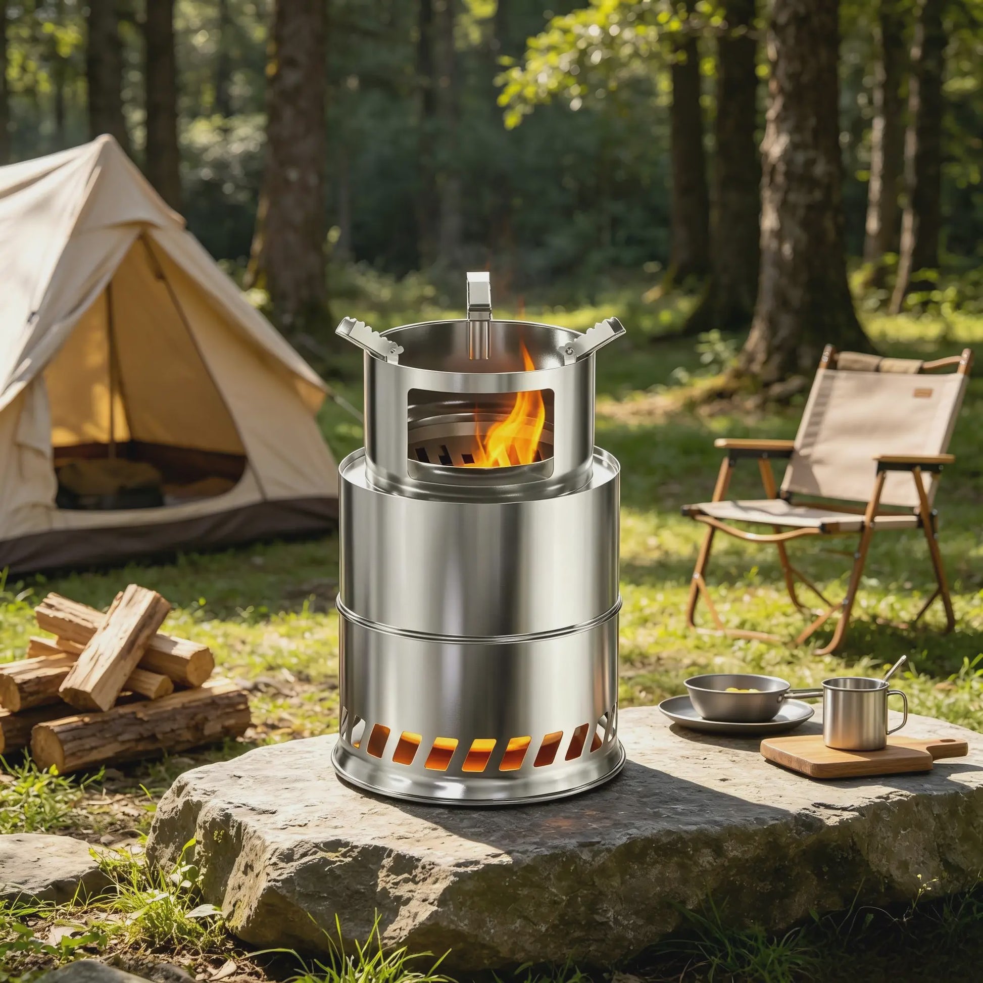 Draagbare RVS Rocket Stove Camping Houtkachel - 20cm, Ideaal voor Buiten Koken, BBQ & Picknicks