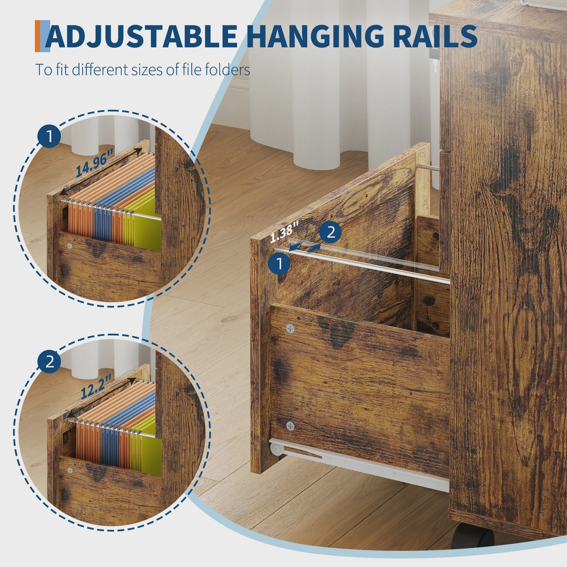 Mobiel 3-Laden Archiefkastje met Slot - Vintage Hout - Onder Bureau - Verrijdbaar Kantoor Opbergkast