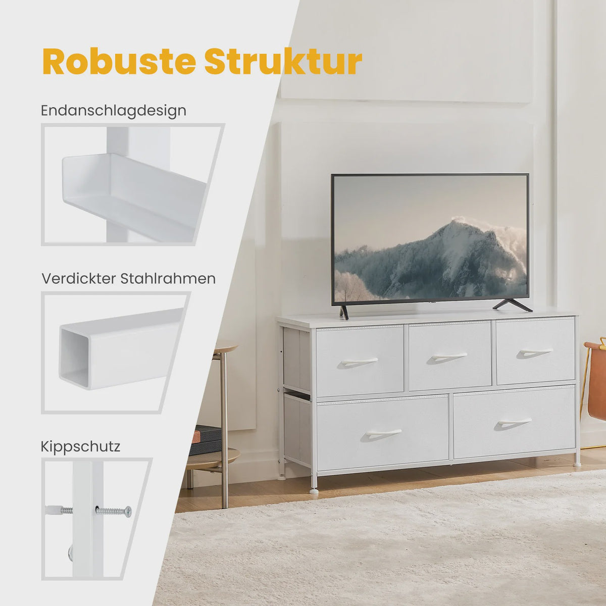 Stijlvolle Ladekast met 5 Stoffen Lades en Stalen Frame - Ideaal voor Kleding & Opslag
